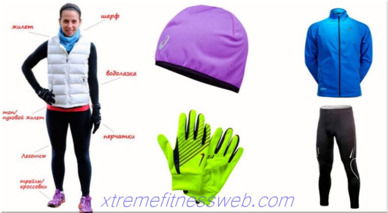 clothes for winter running: thermal underwear, windbreaker, shoes and hat